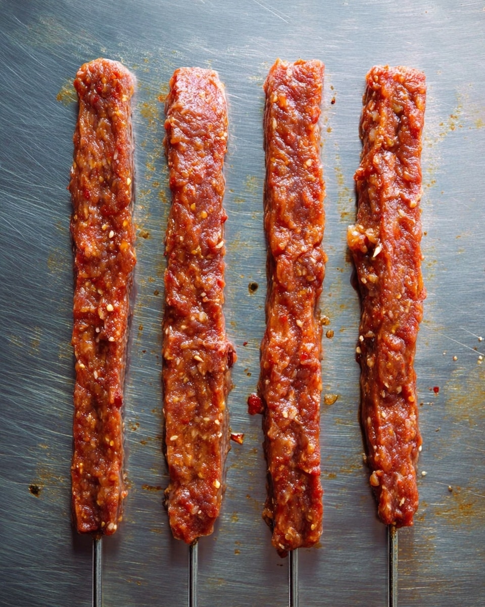 Four long, flat skewers with a rough-textured mixture of raw meat, shaped into thin rectangular strips, lying parallel on a metal surface. The meat mixture is reddish-brown with visible small white bits and some darker red pieces, giving it a marbled look. Some parts are slightly uneven, with a moist and sticky appearance. The metal surface has a few small splatters around the skewers, and the photo is taken from above with clear lighting. photo taken with an iphone --ar 4:5 --v 7