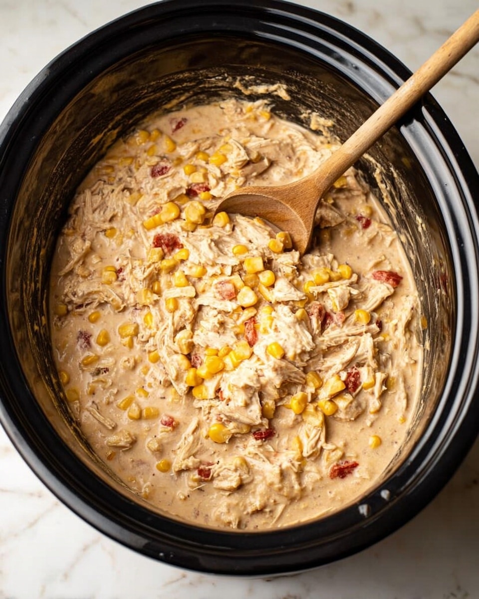 The image shows a black slow cooker filled with creamy chicken stew mixed with yellow corn kernels and small red pieces, likely tomatoes or peppers. The stew has a thick, light beige sauce covering shredded chicken chunks, creating a mix of textures with the soft, creamy sauce and the slightly firm chicken and vegetables spread evenly throughout. A wooden spoon rests in the stew, partially submerged and slightly lifting some of the mixture. The slow cooker is placed on a white marbled surface, and the photo captures the steamless, cozy look of the dish. photo taken with an iphone --ar 4:5 --v 7