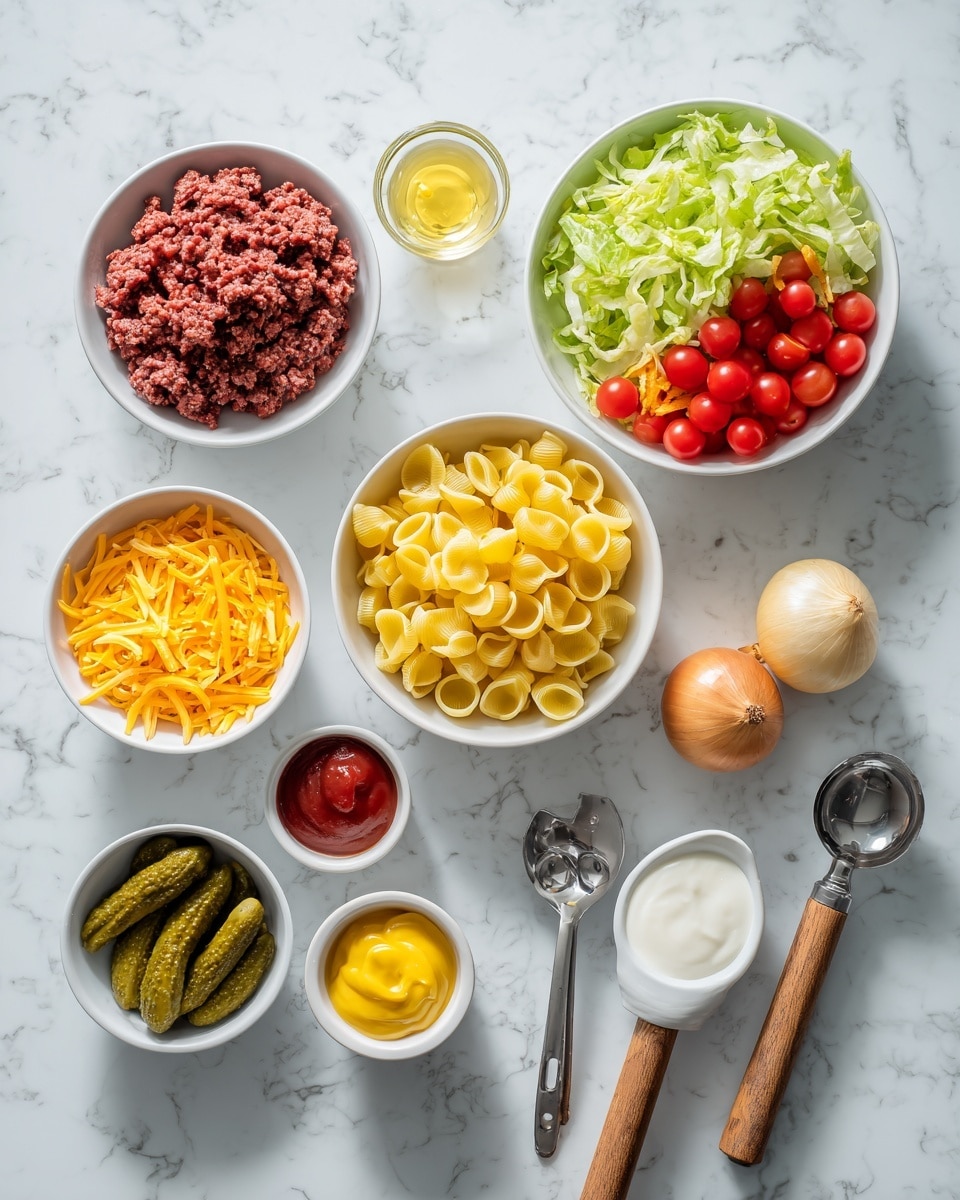 The image shows several white bowls and spoons arranged on a white marbled surface. The top left bowl contains dark red lean mince with visible texture. To the right, a bowl holds light green shredded lettuce and bright red cherry tomatoes. Below, a medium bowl is filled with yellow uncooked pasta shells. Next to this is an unpeeled golden-brown onion. A bowl on the bottom left contains bright orange shredded cheddar cheese. Beside it, a smaller bowl holds two dark green pickles. A small white bowl in the center has a mix of red ketchup and yellow mustard. On the right, two measuring spoons with wooden handles hold thick white yogurt and a small amount of light brown vinegar. The setup is neat and colorful, with each ingredient clearly separated. Photo taken with an iphone --ar 4:5 --v 7