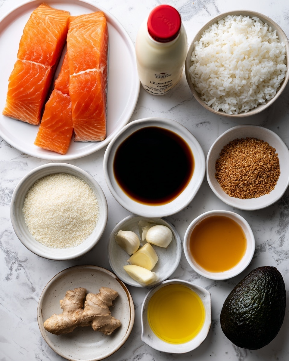 The image shows various ingredients arranged neatly on a white marbled surface. At the top left, there is a white plate with two bright orange salmon fillets, smooth and fresh-looking. To the right, a white bowl is filled with white sushi rice, showing small, rounded grains. Next to it is a white bottle of kewpie mayo with a red cap. Below the salmon, a white bowl contains dark, shiny soy sauce. Next to it, a smaller white bowl holds coarse brown sugar with uneven texture. Below them, another white plate has a piece of light brown ginger and two cloves of pale garlic. To the right, there are small white bowls with amber-colored honey and golden sesame oil. Below these, a white bowl contains white cornflour powder. To the far right, there is a whole dark green avocado with a bumpy texture. At the bottom left corner, a white bowl holds pale, yellow mirin liquid. Everything is placed with clear spacing showing all ingredients well, photo taken with an iphone --ar 4:5 --v 7