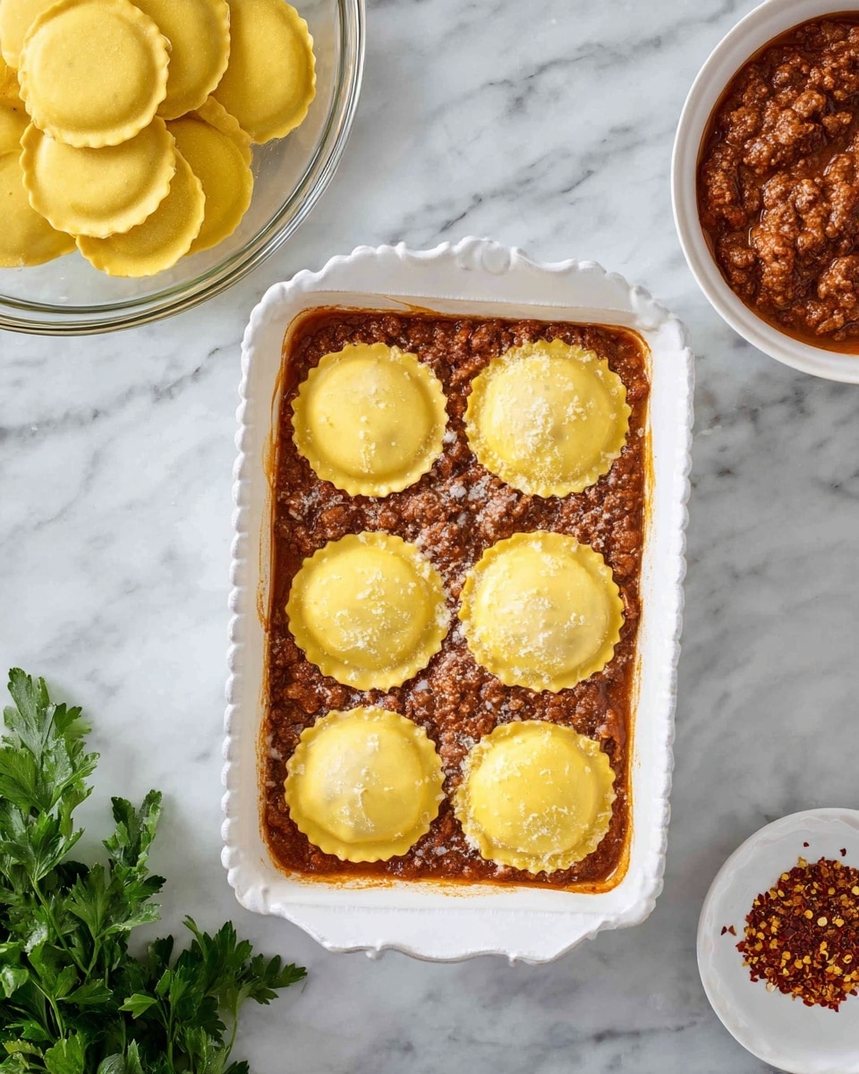 A white rectangular dish with scalloped edges holds a layer of thick brown meat sauce at the bottom, topped with two rows of four round yellow ravioli evenly spaced. To the left, a clear glass bowl contains more yellow ravioli stacked together. At the top right corner, there is a white bowl filled with more brown meat sauce. The surface underneath everything is a white marble texture. Fresh green parsley is partially visible at the bottom left, and a small white dish with red pepper flakes is at the bottom right. photo taken with an iphone --ar 4:5 --v 7