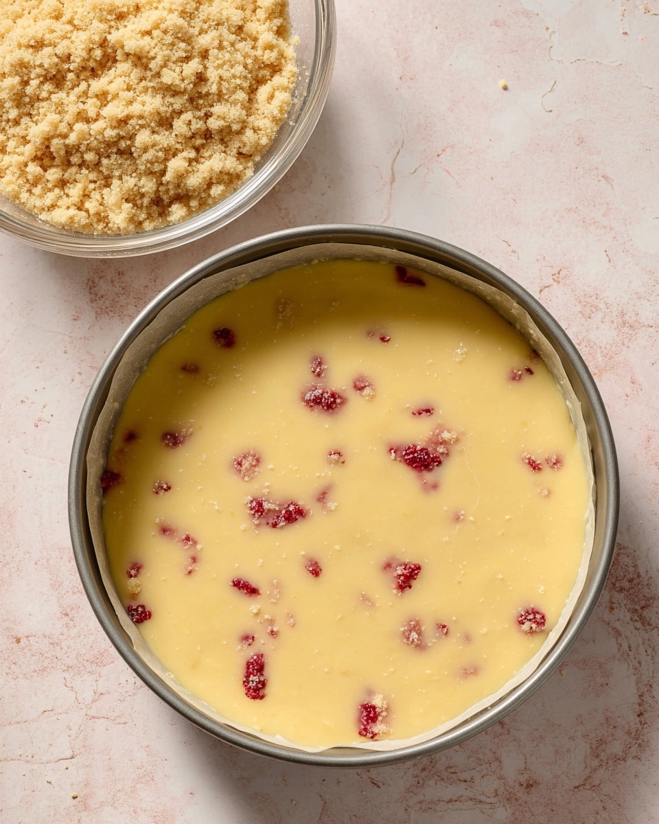 The image shows a round metal baking pan lined with parchment paper, filled with a smooth, pale yellow batter. Scattered within the batter are small, visible pieces of red fruit, likely raspberries, adding spots of color. Above and to the left of the baking pan is a transparent bowl filled with crumbly, light brown topping. The entire setup is placed on a white marbled surface with soft natural light highlighting the textures. photo taken with an iphone --ar 4:5 --v 7