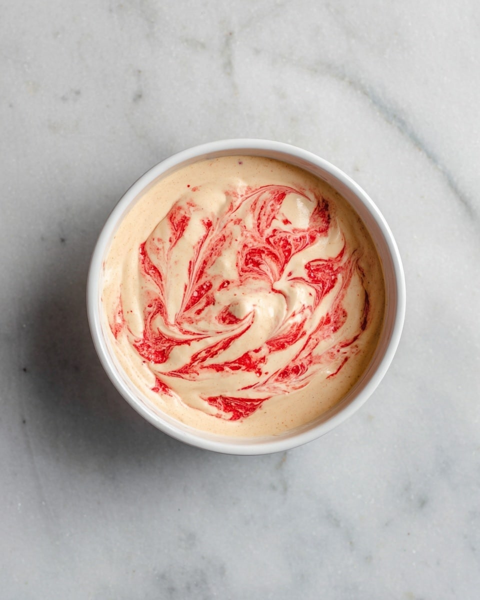 A white bowl filled with a creamy light beige mixture that has a smooth texture. On top, there are bright red swirls mixed into the cream, creating a marbled effect. The bowl sits on a white marbled surface, and the photo is taken from above, showing the dish clearly in the center. photo taken with an iphone --ar 4:5 --v 7