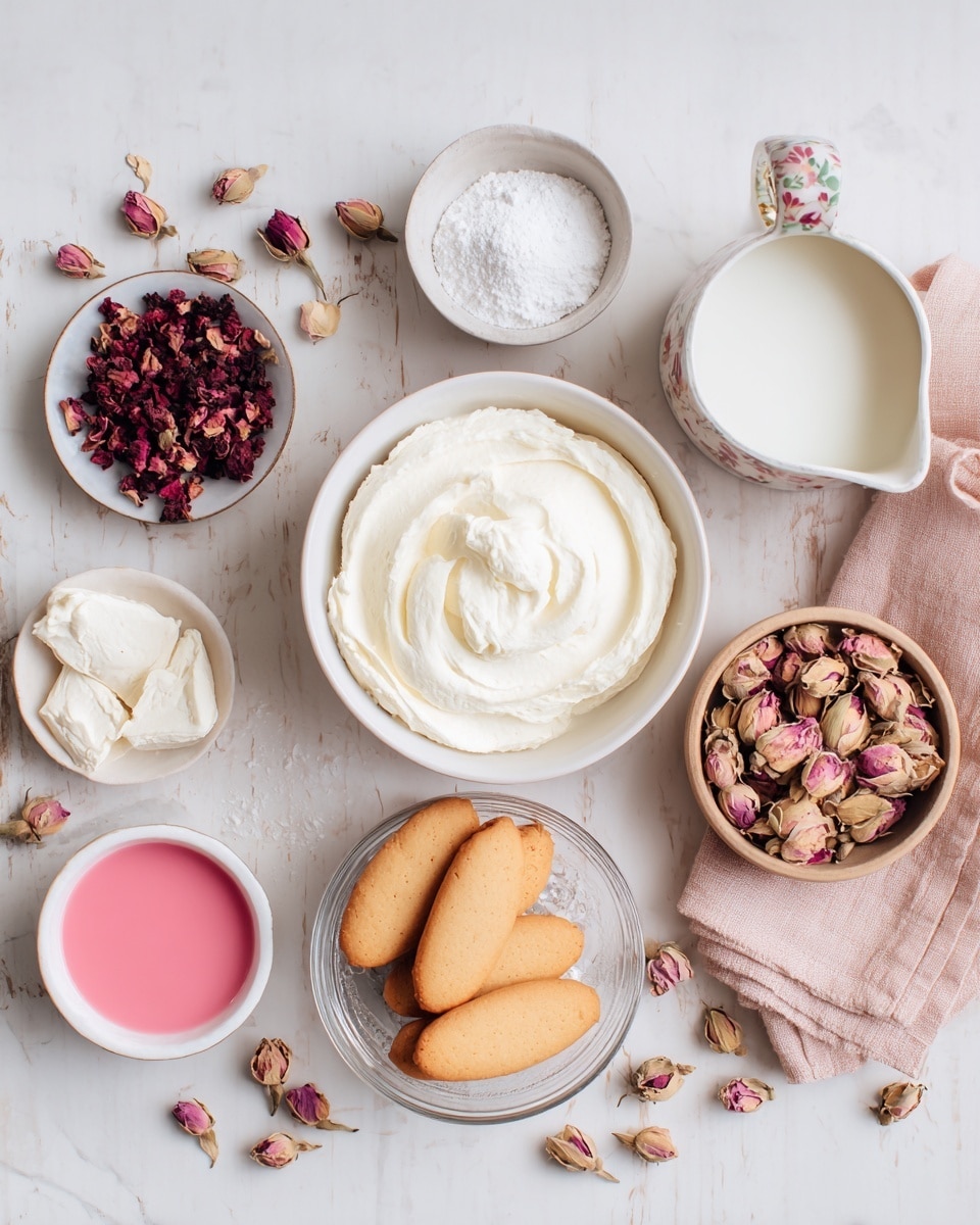 A white bowl in the top center is full of smooth, creamy white ice cream scoops with soft edges. Surrounding this are several small white bowls and containers on a white marbled surface; on the left is a small bowl holding dark red dried rose buds, next to it a white dish with fine white powder. Below is a clear glass bowl with light brown oval cookies and a single long white cookie in front. To the right of the cookies is a small cream pitcher with a floral pattern, filled with a white liquid. At the top right, a simple white bowl holds a similar white liquid, placed on a pale pink cloth. Next to this is a small brown bowl filled with light brown and pink dried rose petals, some petals scattered nearby. In the lower left corner, a shallow white bowl holds a bright pink liquid. The overall setup is neat with soft pastel colors. Photo taken with an iphone --ar 4:5 --v 7