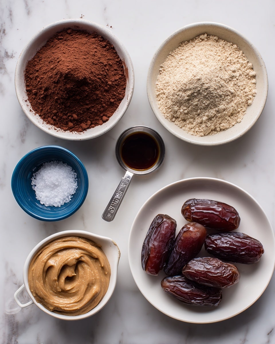 The image shows six ingredients arranged on a white marbled surface. In the top center, there is a white bowl filled with dark brown cocoa powder, its smooth powder texture clearly visible. To the right, another white bowl contains a light beige hemp protein powder with a slightly crumbly texture. In the bottom right, a white round plate holds several dark reddish-brown sticky dates with a shiny surface. To the left of the dates, there is a smaller blue bowl with coarse white salt. Above the salt is a silver measuring spoon holding a dark brown liquid vanilla extract. At the center left, a white measuring cup is filled with smooth, creamy sunflower seed butter in a light tan color. Photo taken with an iphone --ar 4:5 --v 7