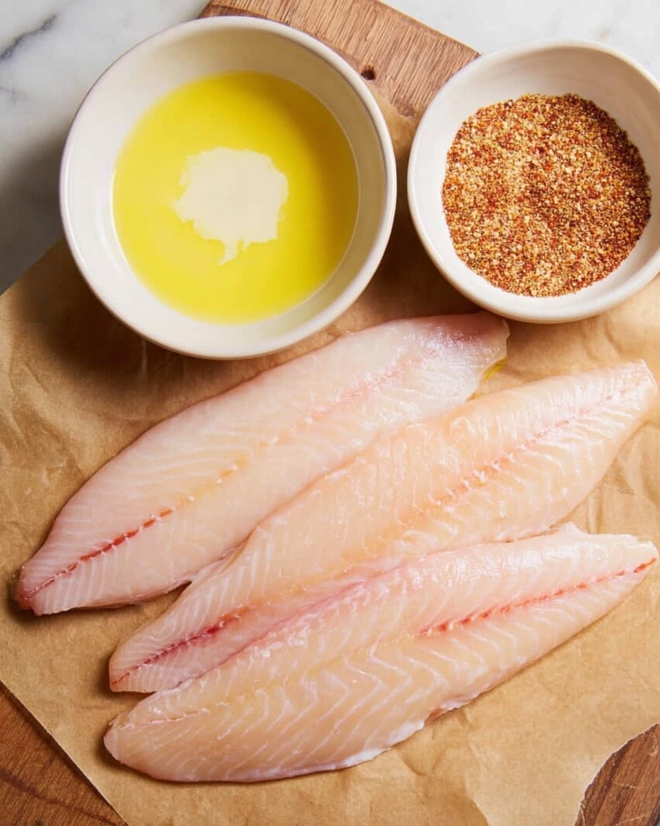 Three pale pink fish fillets lay side by side on light brown parchment paper placed on a wooden surface, showing their smooth and slightly shiny texture with visible lines and light red veins. To the left, there are two white bowls: the near bowl filled with a bright yellow melted butter mixture with a soft white top, and the far bowl containing a blend of finely ground spices in shades of brown and red. The whole setup is on a white marbled background. photo taken with an iphone --ar 4:5 --v 7