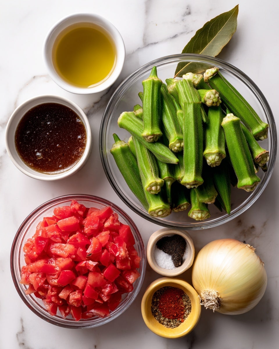 The image shows ingredients arranged on a white marbled surface, ready for cooking. In the center, there is a clear glass bowl filled with bright green okra stacked up. Below it to the left is another clear glass bowl with deep red diced tomatoes. To the bottom right is a yellow onion with papery skin. Nearby on the right side, a whole garlic bulb rests close to a small white bowl holding golden oil. Above to the left, another small white bowl contains dark brown broth or stock with some steam rising. To the upper right, a yellow bowl holds mixed spices including a bay leaf, salt, chili flakes, and a dark cube. Everything is viewed from above, vibrant and fresh. Photo taken with an iphone --ar 4:5 --v 7