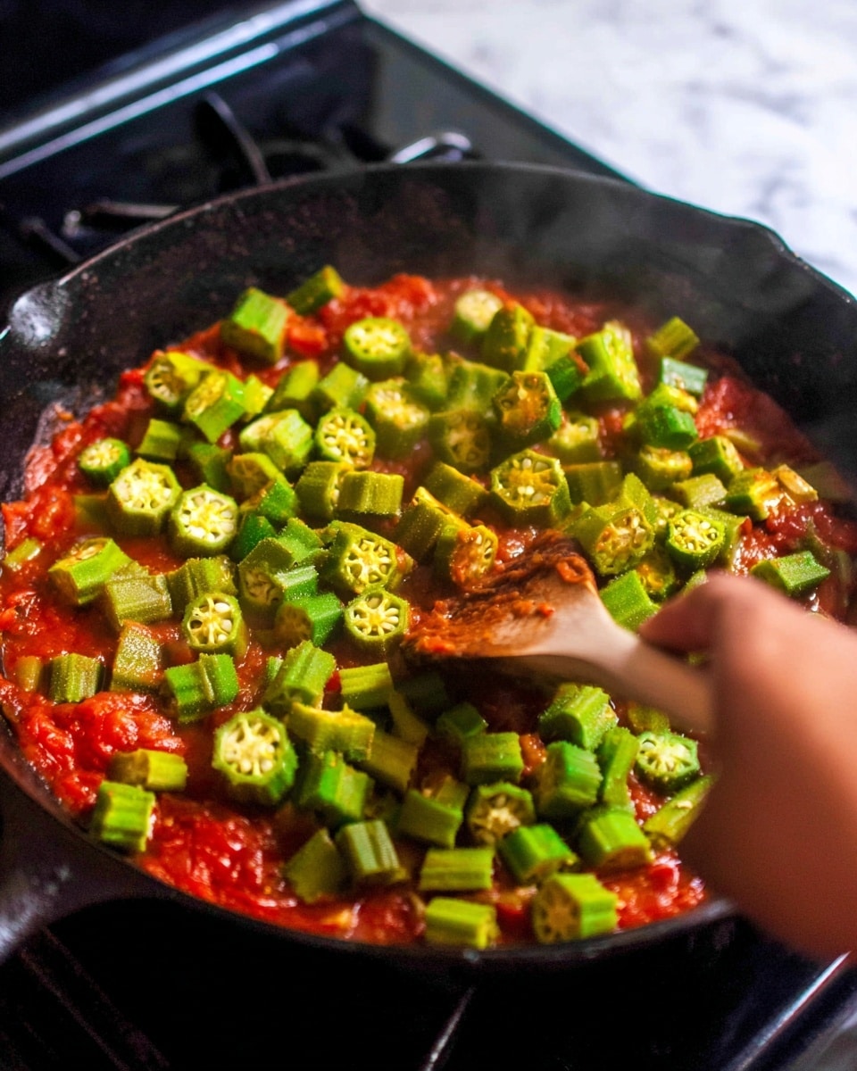 A black cast iron skillet sits on a stove with steaming cooked vegetables inside. The dish has two layers: the bottom layer is a thick red tomato sauce with soft textures, while the top layer consists of bright green okra pieces cut into small sections, showing their cross-sections. A woman's hand holds a wooden spoon, stirring the vegetables in the pan. The background is a white marbled texture. photo taken with an iphone --ar 4:5 --v 7