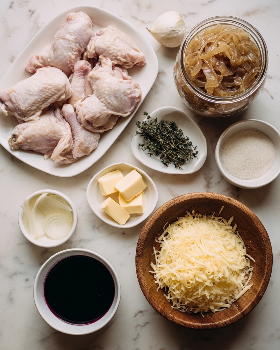The image shows raw chicken pieces placed on a white rectangular plate near the top left. On the right side, there is a glass jar filled with caramelized onions. Below the jar is a wooden bowl filled with a mound of shredded light yellow gruyere cheese. Surrounding these main items are small white bowls containing different ingredients: flour, fresh chopped thyme, and butter with three pieces inside. There is also a small white cup filled with dark red wine near the bottom center. In the background, a carton of organic chicken broth is visible on the lower left. The whole scene is set on a white marbled surface. photo taken with an iphone --ar 4:5 --v 7