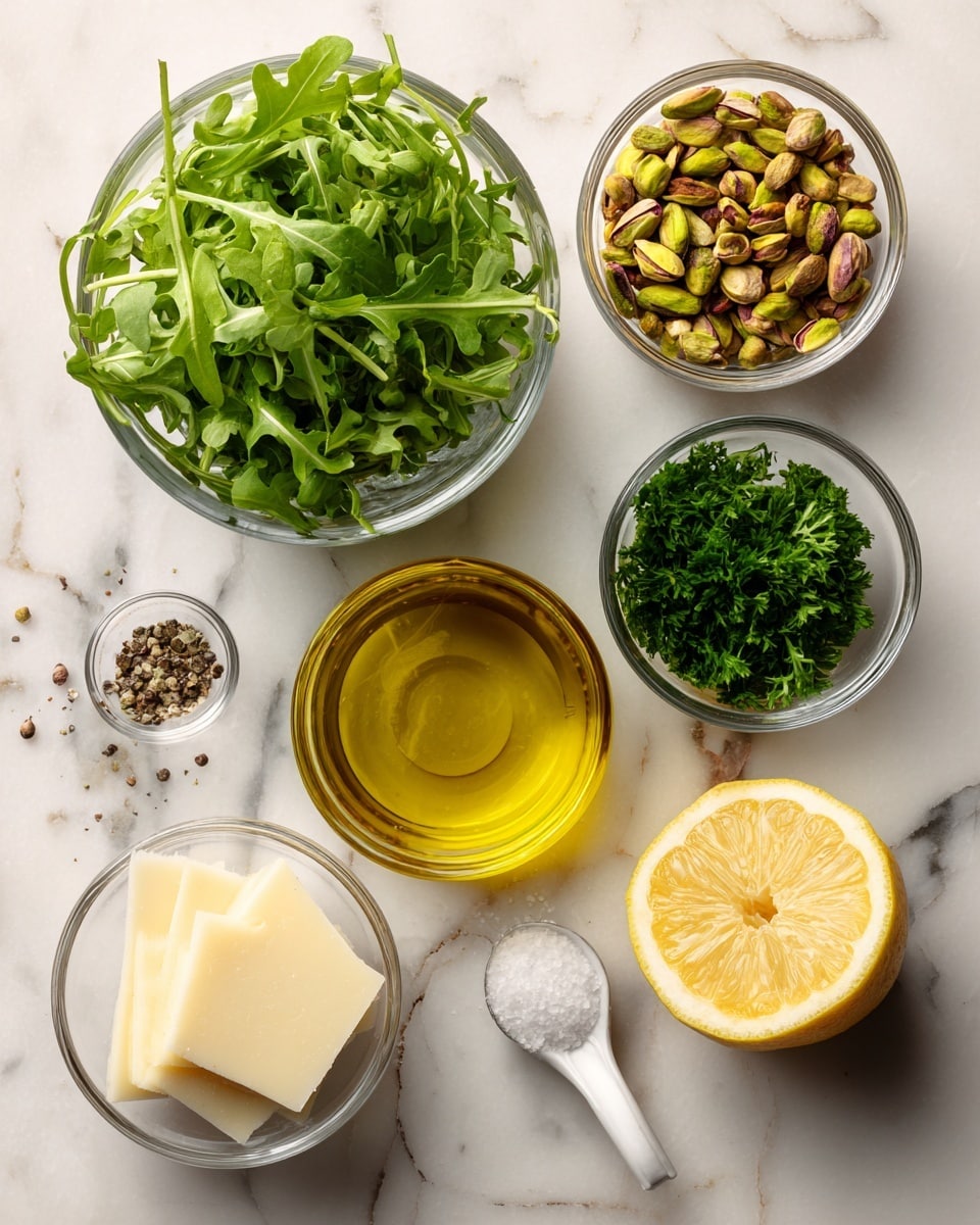 The image shows seven separate ingredients arranged on a wooden surface with labels above or beside each item. In the top left, there is clear glass measuring cup filled with fresh, bright green arugula leaves with a slightly ruffled texture. To the right, another glass cup is filled with a mix of light green and brown pistachios. Below the arugula, a third glass cup contains dark green parsley leaves with a fine, feathery texture. To the right of the parsley, a round clear glass bowl holds a golden yellow liquid of avocado oil. Near the center bottom, a small white measuring spoon filled with fine white salt lies horizontally. On the bottom left, a small clear bowl is filled with off-white, flat slices of parmesan cheese with a hard texture. On the bottom right, half of a lemon shows its juicy pale yellow inside with visible zest and seeds. The background is a white marbled texture. photo taken with an iphone --ar 4:5 --v 7