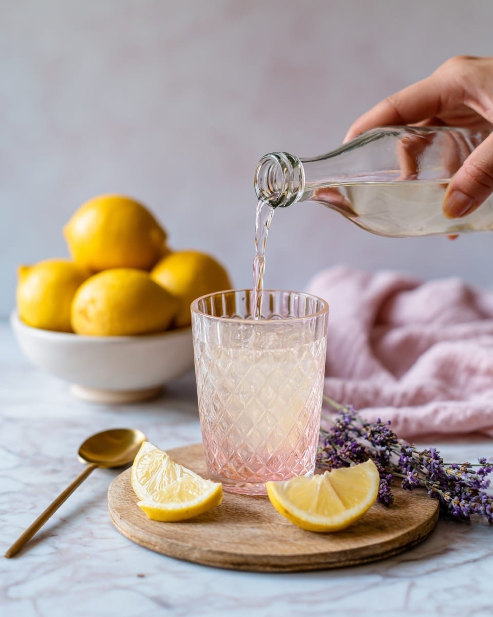 A woman's hand is pouring clear sparkling water from a glass bottle into a textured glass filled with a small amount of light pink liquid at the bottom. The glass sits on a round wooden board placed on a white marbled surface. To the right, there is a lavender sprig and two lemon wedges on the board. In the background, there is a white bowl with bright yellow lemons. A gold spoon and a soft pink cloth are arranged casually on the surface. The scene is softly lit, creating a clean and fresh atmosphere. photo taken with an iphone --ar 4:5 --v 7