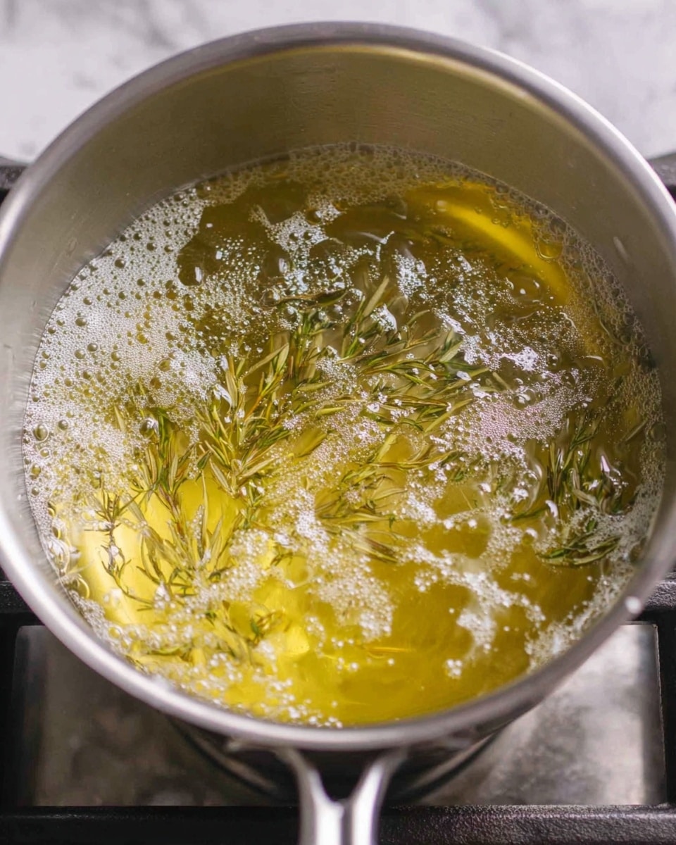 The image shows a shiny silver pot on a stove with bubbling clear yellow oil inside. Small green sprigs of fresh herbs float on the surface. The oil has many small bubbles rising and some white foam around the herbs. The stove burner below is visible with metal grates, and the pot handle extends to the right side. The background has a white marbled texture. photo taken with an iphone --ar 4:5 --v 7