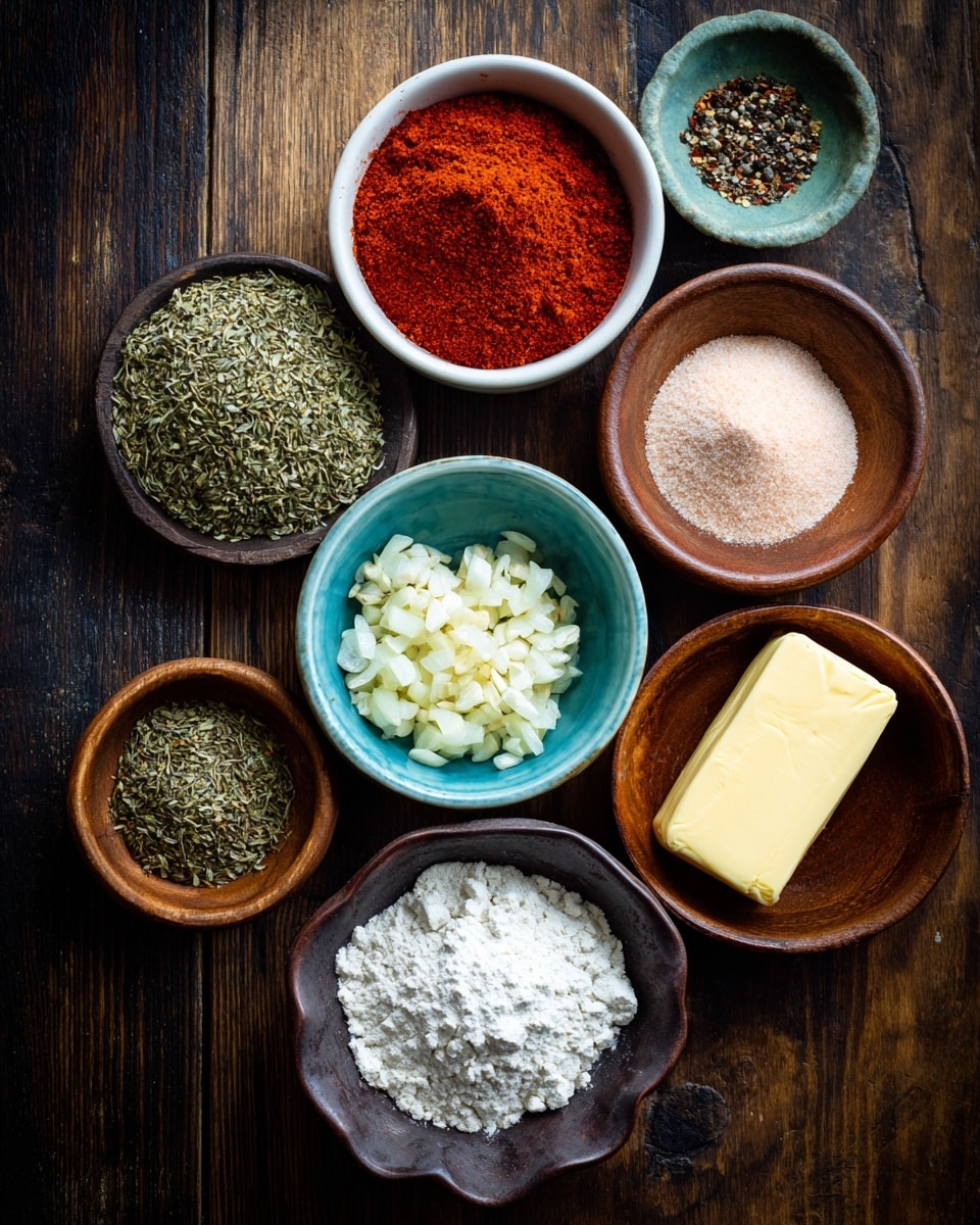 A top view of various small bowls and a stick of butter arranged in a loose circle on a dark wooden surface, each bowl containing different cooking ingredients: one bowl holds dried oregano with green leafy texture, another white bowl contains vibrant red paprika powder, a light blue bowl has pale onion and garlic powder with a fine, powdery look, a reddish-brown bowl is filled with white flour, and another similar bowl holds light pink lemon juice; a wooden bowl contains minced white garlic pieces, a turquoise bowl is filled with coarse white salt crystals, another brown bowl has ground black pepper, and a light blue bowl is filled with dried thyme leaves; at the center lies an unopened stick of butter with a pale yellow color. Photo taken with an iphone --ar 4:5 --v 7