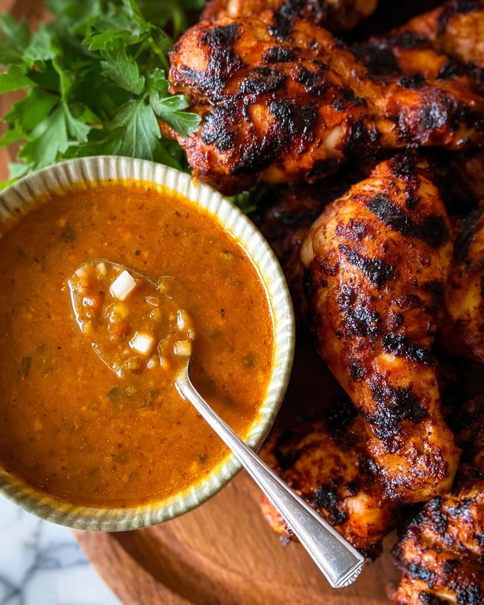 A close-up of grilled chicken pieces with a rich reddish-brown charred texture, arranged on a wooden surface next to a white bowl filled with thick, orange-brown sauce containing small white chunks. A silver spoon holds some of the sauce above the bowl. Bright green parsley leaves rest beside the bowl, adding a fresh contrast. The scene is set on a white marbled texture. photo taken with an iphone --ar 4:5 --v 7