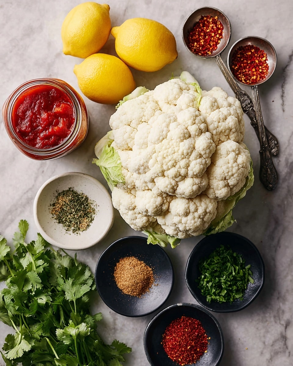 A large, fresh cauliflower with creamy white, tight florets sits on a white marbled surface, surrounded by bright yellow lemons to the left, a jar of red sauce below, a small white bowl filled with dried green herbs at the bottom left, fresh green cilantro at the bottom right, and several small black bowls filled with red spices and brown powder arranged around the cauliflower. Two silver measuring spoons hold red pepper flakes above the cauliflower. Photo taken with an iphone --ar 4:5 --v 7
