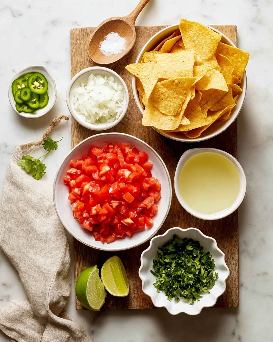 This image shows a wooden board on a white marbled surface, holding six small white bowls with different ingredients. The center left bowl is filled with bright red diced tomatoes, and below it, a white scalloped bowl holds chopped fresh green cilantro. On the right side, a larger white bowl is filled with yellow tortilla chips arranged in a pile. Above the chips, a bowl contains finely chopped white onions, sitting on a beige cloth. Next to the onion bowl is a small bowl with pale yellow lime juice, and beside it is a halved lime with the inside exposed. At the top left, a wooden spoon holds white salt, and nearby is a small dish with thin green slices of a chili pepper. The arrangement is neat and colorful. photo taken with an iphone --ar 4:5 --v 7