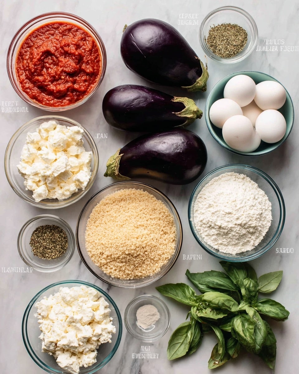The image shows a top-down view of various ingredients on a white marbled surface ready for cooking. In the center are three whole, dark purple eggplants with shiny skins. To the top right is a bowl with six white eggs. On the left side are two clear measuring cups filled with bright red marinara sauce. Below them is a bowl of white, crumbly mozzarella cheese next to a smaller bowl of grated parmesan cheese. To the right of the mozzarella is a clear bowl filled with light brown breadcrumbs, and near it is a bowl of white flour. At the top right corner is a small bowl with dried oregano. Fresh green basil leaves are placed at the bottom right corner. Each ingredient is clearly separated and labeled. Photo taken with an iphone --ar 4:5 --v 7