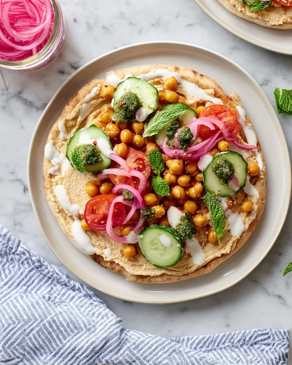 A round flatbread sits on a white plate with a smooth layer of light beige hummus spread evenly over it. On top, there are golden roasted chickpeas scattered throughout, along with several bright red tomato wedges and thin, curled vibrant pink pickled onions. Fresh green cucumber slices and small dollops of dark green herb sauce are placed evenly, garnished with fresh mint leaves. A few drizzles of white sauce add contrast across the toppings. The plate rests on a white marbled surface beside a blue and white striped cloth, with a small jar of pink pickled onions nearby. photo taken with an iphone --ar 4:5 --v 7