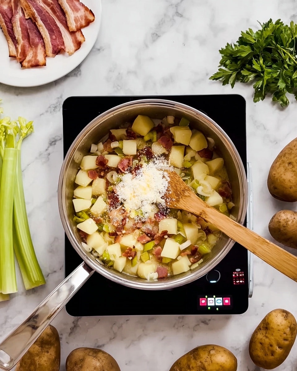 A silver pot sits on a black electric stove with a wooden spoon stirring inside. The pot contains small, cubed light yellow potatoes mixed with small pieces of bacon and sprinkled with white flour in the center. Around the stove on a white marbled surface lay three whole brown potatoes on the right, green celery stalks on the bottom left, a small bunch of green herbs at the top right, and a white plate with three strips of raw bacon on the top left. photo taken with an iphone --ar 4:5 --v 7