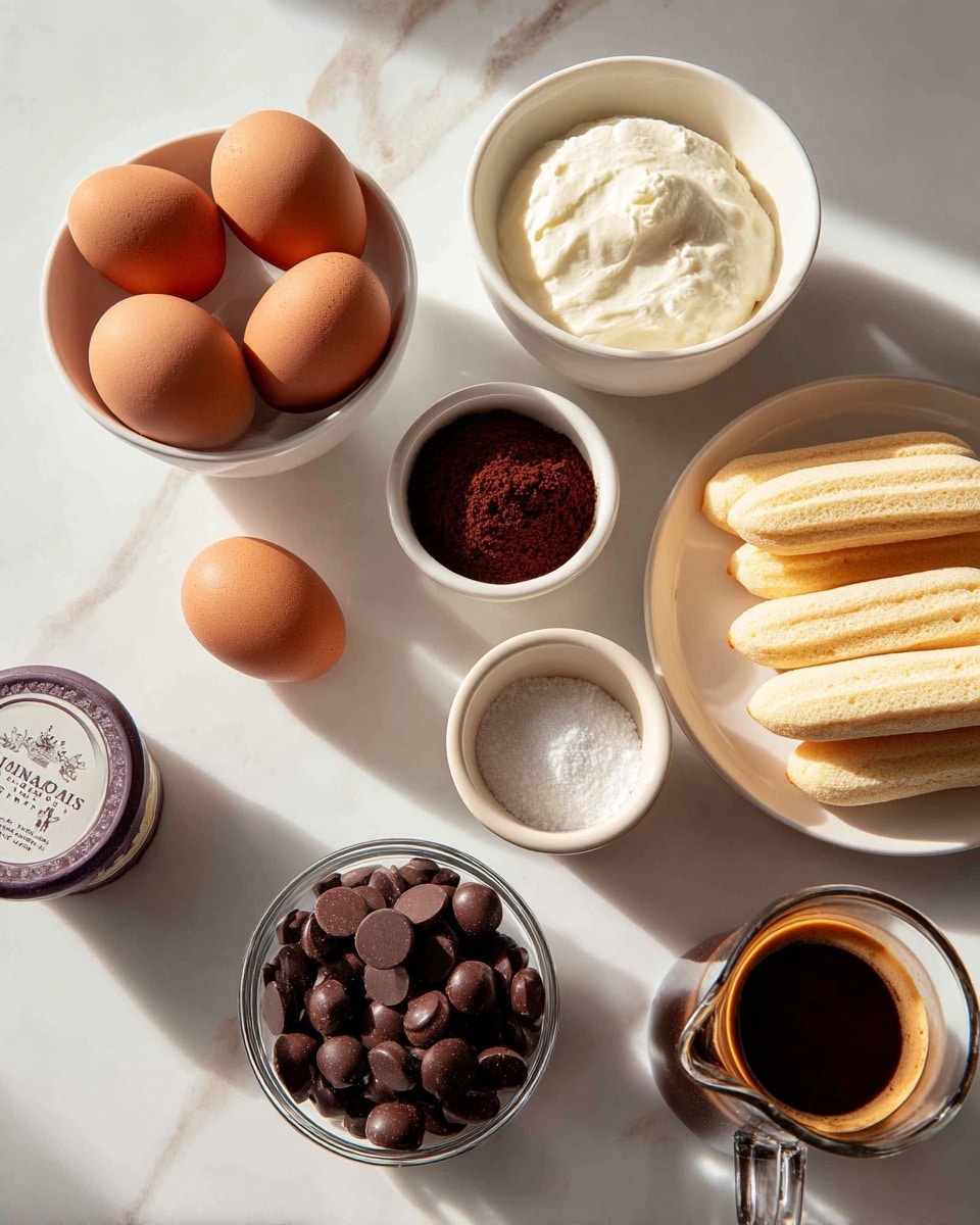 The image shows the ingredients for a dessert placed on a white marbled surface. On the left, three brown eggs sit inside a white bowl. Above them is a tall white bottle labeled heavy cream. To the right of the eggs, there is a small white bowl filled with dark brown cocoa powder. Next to it on the right, a large bundle of light beige lady fingers wrapped in clear plastic is positioned vertically. A beige cup filled with white sugar is placed below the cocoa powder. Near the bottom of the image, a clear glass bowl contains many small, round dark chocolate pieces. To the left, a container of mascarpone cheese with a purple lid stands partially visible. On the bottom right corner, a small glass pitcher holds a medium brown espresso. The setup is bright with natural light highlighting the different textures and colors of the ingredients photo taken with an iphone --ar 4:5 --v 7