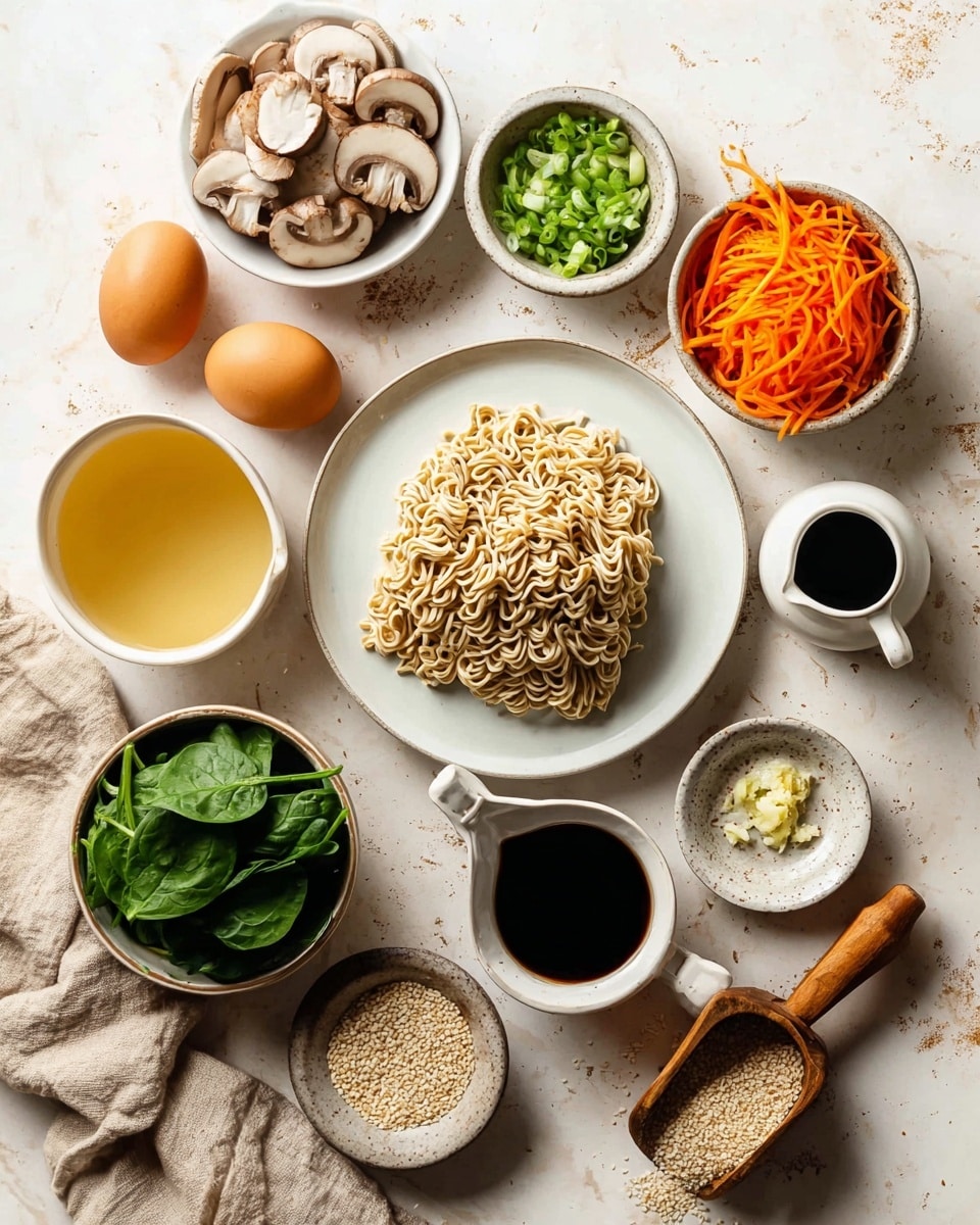 A white plate at the center holds two blocks of dry, wavy, light brown noodles. Around the plate are small white bowls with ingredients: sliced light brown mushrooms in a bowl at the top, chopped green spring onions in a bowl to the right, and bright orange shredded carrots in a small metal cup with a wooden handle to the right of the noodles. Below the noodles is a white bowl filled with dark green fresh spinach leaves. Two brown eggs sit on a small white dish at the top left. Various small bowls hold liquids and pastes: a cup of light yellow broth on the left, a bowl of dark soy sauce above the noodles, a tiny white pitcher filled with light brown liquid near the front of the noodles, a white dish with thick dark sauce at the bottom right, a rough pottery bowl of minced garlic above the noodles, and a small dish with light yellow minced ginger near the lower left. A white scalloped dish with pale sesame seeds and a small wooden scoop is near the bottom left. A beige cloth napkin is placed loosely at the lower right on a white marbled surface. Photo taken with an iphone --ar 4:5 --v 7