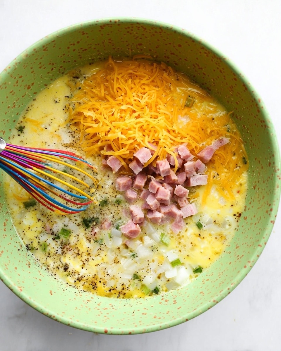 A large speckled lime green bowl holds a mixture with visible layers: the bottom layer is a light yellow liquid, likely raw eggs, with white pieces of chopped onions and small green bits, possibly herbs or vegetables, scattered throughout. On one side, there is a heap of orange shredded cheese sitting on the surface. Tiny pink cubes, probably diced ham, are spread across the top along with black pepper sprinkled over everything. A colorful whisk with red, blue, yellow, and green wires and a silver handle is partially submerged in the mixture, resting inside the bowl. The whole scene is set on a white marbled background. photo taken with an iphone --ar 4:5 --v 7