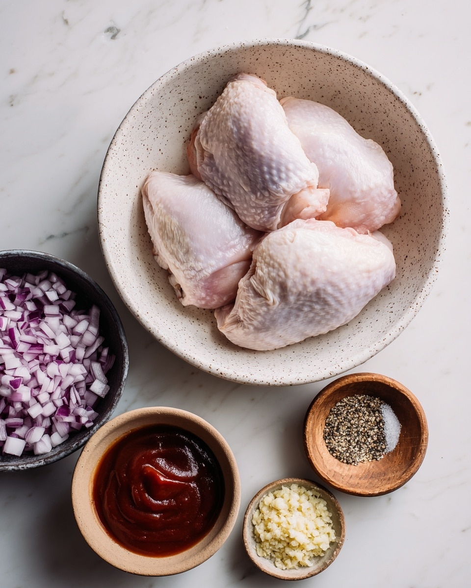The image shows a white speckled bowl in the center holding three large raw chicken pieces with a smooth, pale pink color and slightly shiny texture. To the left, a small dark bowl is filled with diced red and white onions, showing a mix of purple and white colors with a crisp and layered texture. Below it, a small light brown bowl contains thick, dark reddish-brown barbecue sauce with a shiny surface. On the right side, two small brown dishes hold ingredients: one has finely chopped light yellow minced garlic, and the other has white salt and dark black pepper. All items are placed on a white marbled surface. photo taken with an iphone --ar 4:5 --v 7