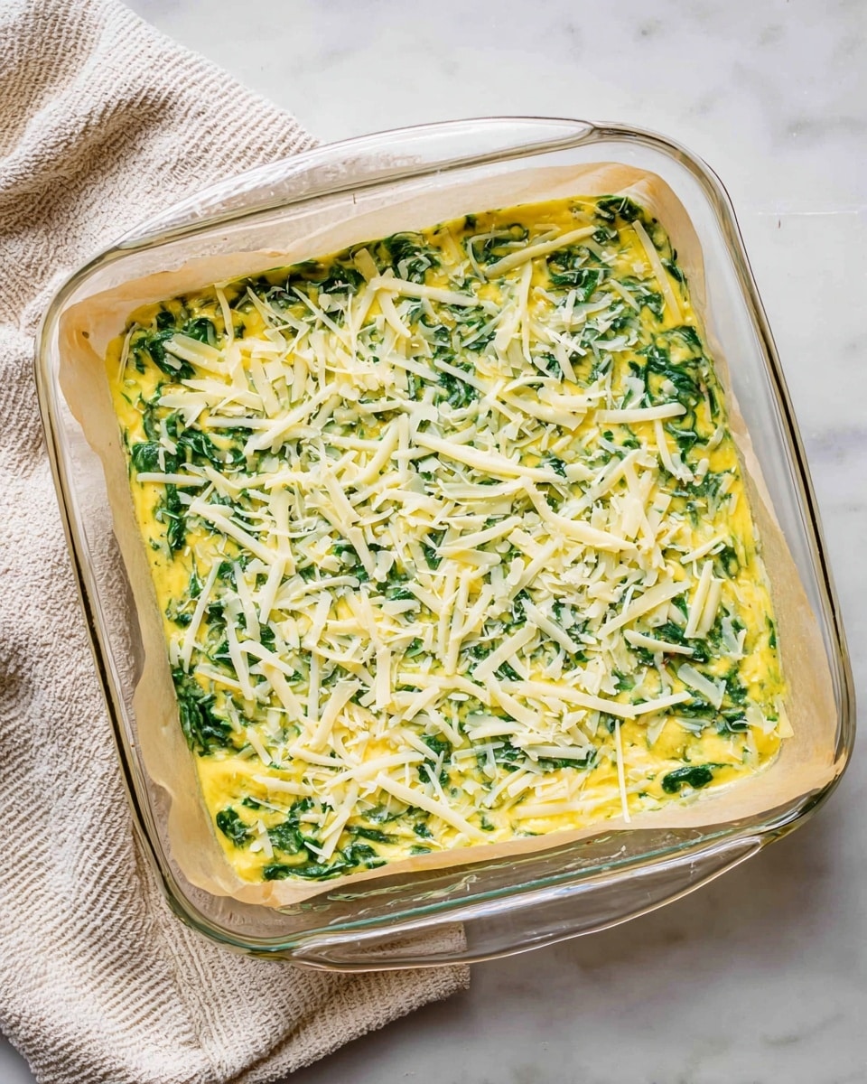 The image shows a clear glass baking dish lined with parchment paper, filled with a mixture ready to bake. The dish contains a yellow egg-based layer mixed with bright green spinach pieces evenly spread throughout. On top, there is a scattered layer of shredded light yellow cheese covering the surface. The dish is placed on a white marbled surface next to a cream-colored textured cloth. Photo taken with an iphone --ar 4:5 --v 7
