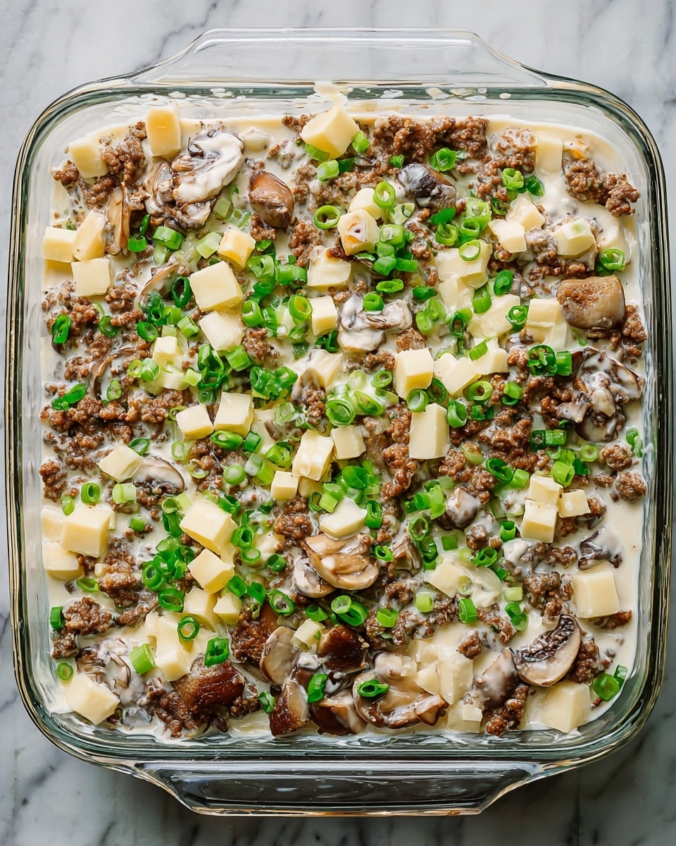 A clear square glass baking dish filled with a mixture of layered ingredients. The bottom layer is a creamy white sauce spread unevenly. On top, there are browned ground meat pieces mixed with sliced brown mushrooms. Scattered over these are small cubes of pale yellow cheese and sprinkled green onion slices adding a fresh pop of color. The dish sits on a white marbled surface. photo taken with an iphone --ar 4:5 --v 7