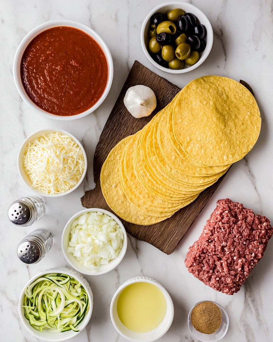 The image shows a top view of several ingredients on a white marbled surface. In the center, there is a dark wooden board holding a stack of about ten yellow corn tortillas placed in a slightly fanned arrangement. On the board, there is also a whole garlic bulb near the tortillas, a small white bowl of shredded white cheese, another small white bowl with chopped white onions, and a tiny white dish containing a brown powder spice. To the left of the board, two small glass salt and pepper shakers sit next to a small white bowl filled with sliced black olives. Above the board, a large white bowl holds a thick, smooth red sauce. Below the board and to the left are two more white bowls, one with shredded green zucchini and the other with a pale yellow liquid, likely oil. On the right side, a medium white bowl contains a block of raw ground beef with a textured surface. The overall arrangement is clean and organized, with different colors and textures clearly visible. photo taken with an iphone --ar 4:5 --v 7