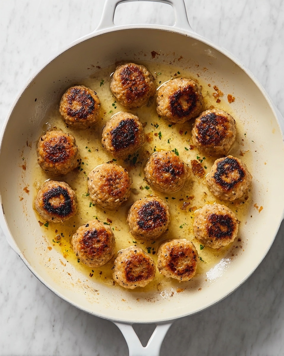 A white pan holds fifteen cooked meatballs evenly spread out, each meatball golden brown with slight darker spots showing a crisp surface, and small bits of seasoning visible inside the meat. The pan has a light coating of oil that glistens slightly, with some browned bits stuck around the meatballs. The pan handles are visible on either side, and the whole setup is placed on a white marbled surface. photo taken with an iphone --ar 4:5 --v 7