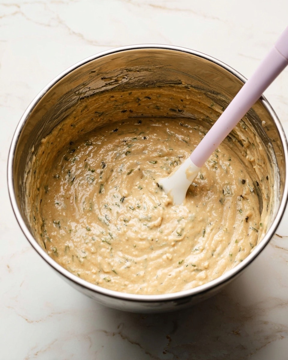 A close-up view of a shiny silver mixing bowl filled with a thick beige batter that has small green bits mixed throughout. The batter looks smooth with slightly chunky texture and is being stirred by a white spatula with a pale pink handle, resting inside the bowl. The bowl sits on a white marbled surface. photo taken with an iphone --ar 4:5 --v 7