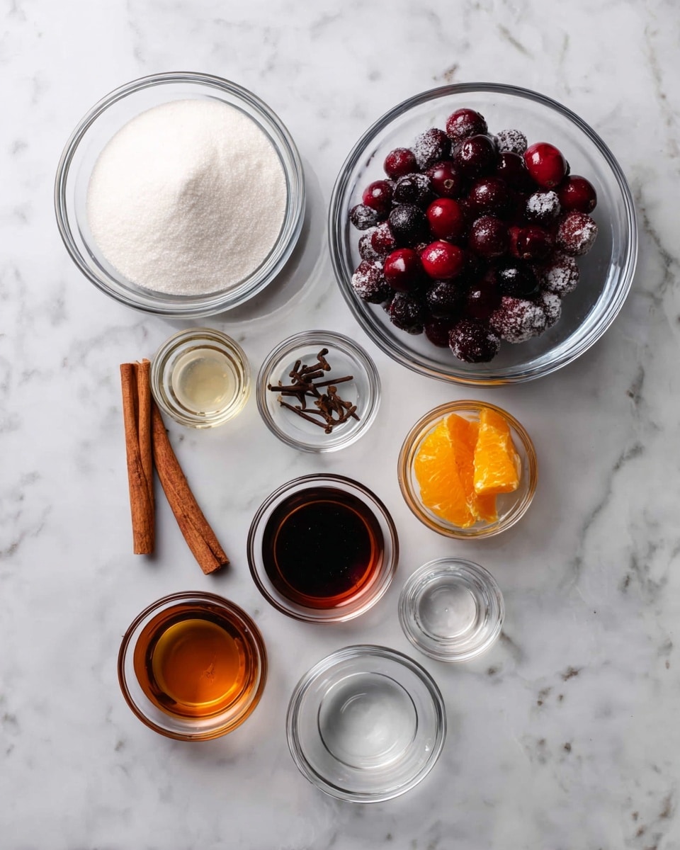 The image shows nine small clear glass bowls arranged on a white marbled surface. One large bowl at the top right holds a mix of frozen dark red and black berries. To its left, a similar big bowl is filled with white granulated sugar. Below these are smaller bowls containing a cinnamon stick and a few whole cloves, a piece of orange peel, a dark brown liquid, a light amber liquid, a small amount of clear liquid, a tiny bowl with a different clear liquid, and an empty bowl. The bowls vary in size and are placed in a loose cluster. Photo taken with an iphone --ar 4:5 --v 7