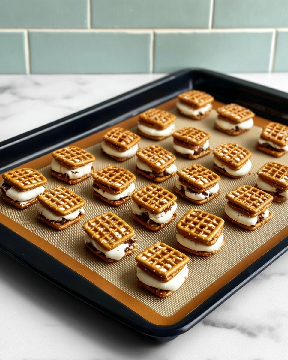 A black baking tray with a brown silicone mat holds twenty small snack sandwiches arranged in neat rows. Each sandwich has two square pretzels with a light brown, crispy texture forming the top and bottom layers. In the middle, a thick layer of white creamy filling with small dark pieces is slightly spilling out around the edges. The background is a white marbled surface with a light green brick wall behind the tray. Photo taken with an iphone --ar 4:5 --v 7