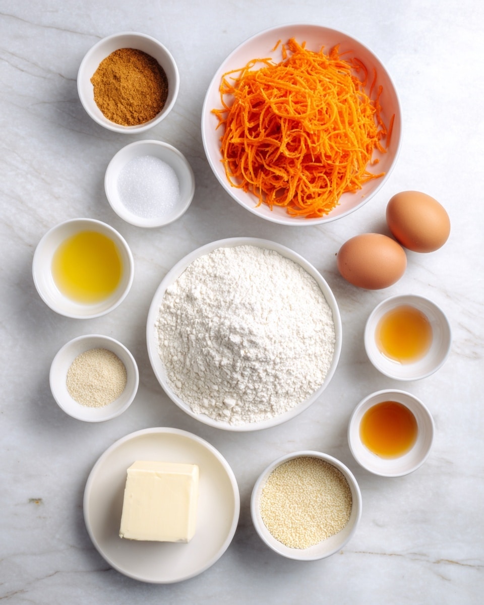 The image shows various baking ingredients neatly arranged on a white marbled surface. At the center top is a white bowl filled with bright orange shredded carrots, showing their thin texture. Surrounding the carrots are smaller white bowls holding different items: one with golden brown spice powders on the left, one with light yellow liquid near the bottom left, one with clear white granulated sugar in the middle, one with a light amber liquid on the right, and one with a clear pale liquid at the top right. Below, there is a large white bowl filled with fine white flour, two brown eggs placed next to it, and a white plate holding a square block of smooth cream cheese. Additionally, four small white bowls at the bottom contain salt, baking powder, and light yellow seeds or grains. Everything is set against the clean, bright white marbled background, creating an organized and fresh look photo taken with an iphone --ar 4:5 --v 7