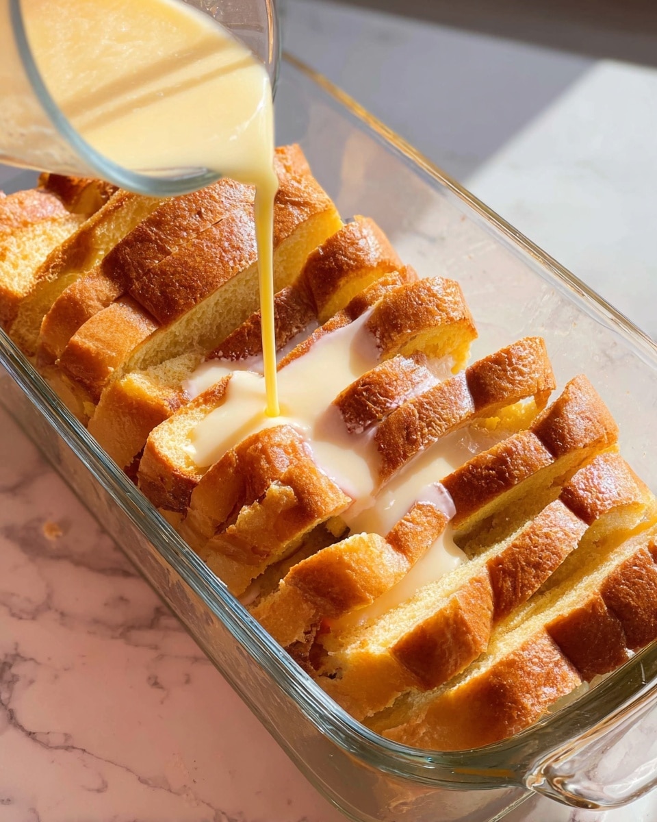A clear glass dish holds about ten thick slices of golden-brown bread standing upright and closely packed in a row. The bread slices have soft, light yellow centers with crusts toasted to a warm brown. A creamy, pale yellow liquid is being poured evenly over the slices from the right side of the image, soaking into the bread. The dish is set on a white marbled surface under bright natural light, highlighting the warm colors and textures of the bread and liquid. photo taken with an iphone --ar 4:5 --v 7