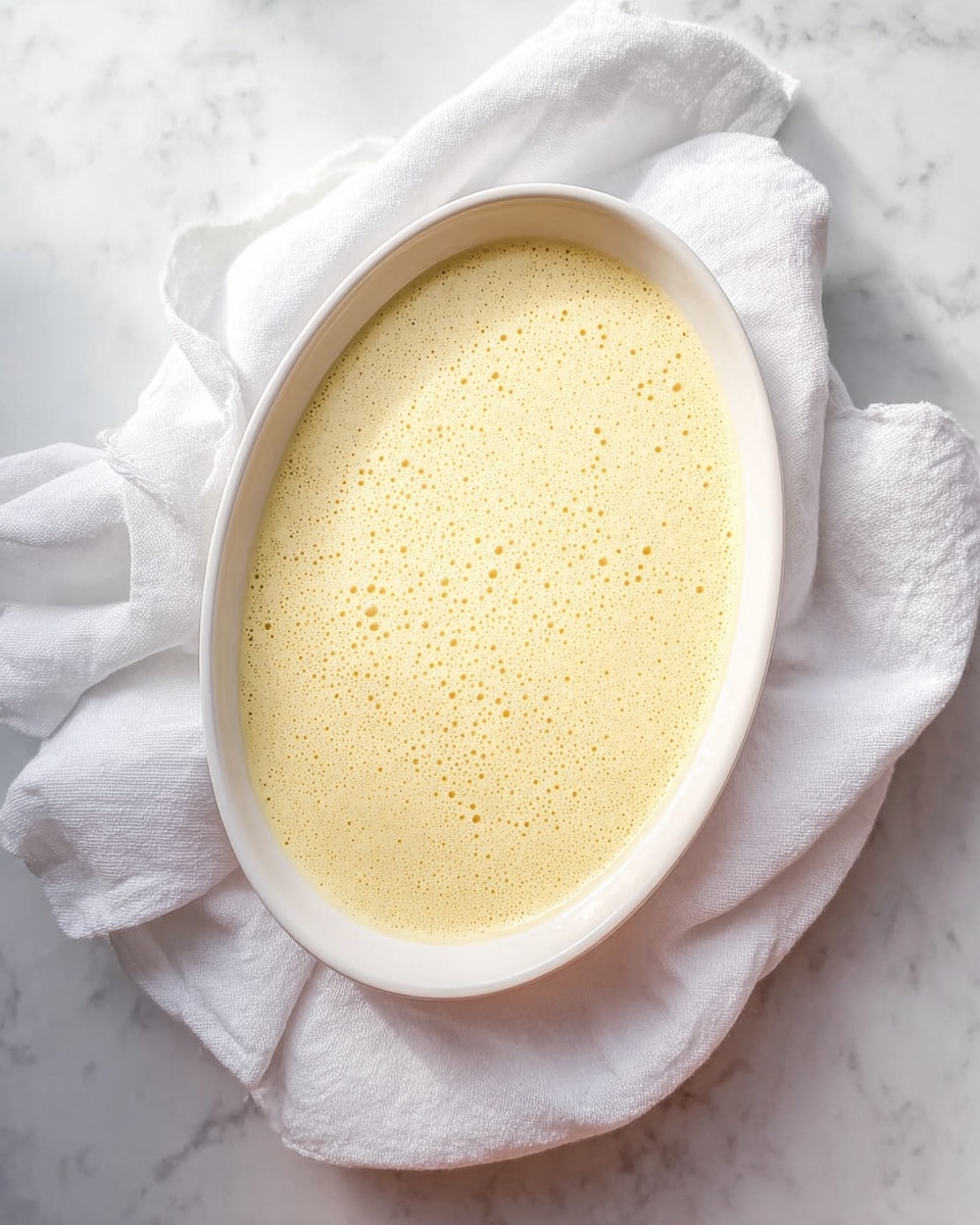 An oval white dish filled with a thick, smooth, light yellow mixture that has many small bubbles on the surface, placed on a white cloth that rests on a white marbled textured surface, creating a soft and clean look. photo taken with an iphone --ar 4:5 --v 7