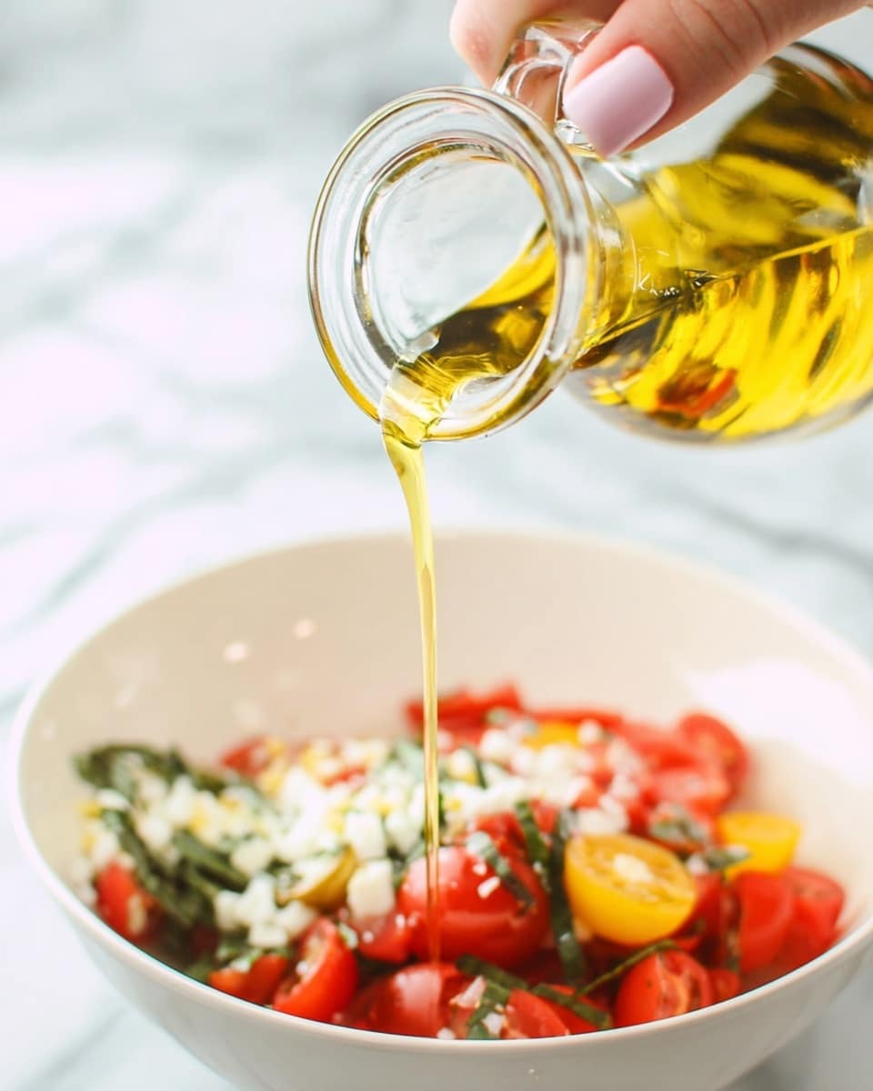 A clear glass jar is tilted, pouring golden-yellow oil in a smooth stream into a bowl below. Inside the white bowl, there are bright red and yellow small tomatoes, cut and whole, layered beneath chopped white garlic and fresh green herb leaves. The background shows a white marbled surface, and a woman's hand with light pink nails is holding the glass jar at the top. photo taken with an iphone --ar 4:5 --v 7