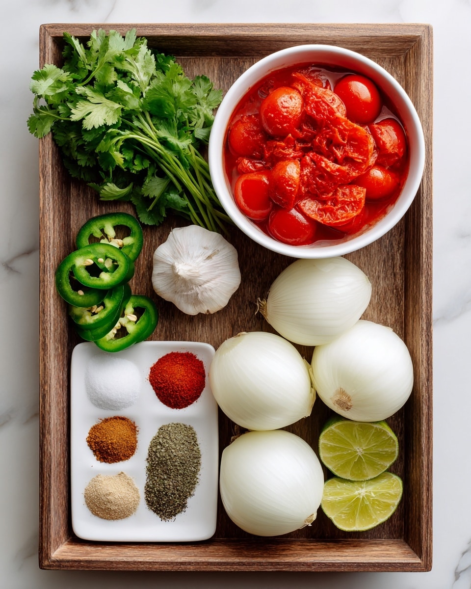 The image shows a wooden tray on a white marbled surface holding different ingredients. On the right side of the tray, there is a white bowl filled with bright red fire-roasted canned tomatoes with visible tomato chunks and slight blackened spots. Below the bowl, four large white onion pieces with smooth, glossy texture are placed. In the center, there are green jalapeno slices next to a bunch of fresh green cilantro leaves. On the left side of the tray, there is a small white plate holding various spices arranged as a mix of beige cumin, dark green oregano, deep red chili powder, white salt, and white sugar. Above the spices are two garlic cloves and three lime halves showing bright green flesh. The whole arrangement is neatly organized giving a fresh and colorful look, photo taken with an iphone --ar 4:5 --v 7