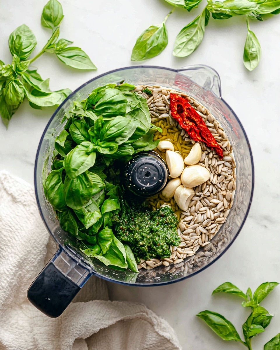 A clear food processor bowl with a black handle holds a mix of ingredients layered inside. At the bottom, there are light-colored sunflower seeds spread in a circle, surrounded by three garlic cloves placed on top. Near the garlic is a small splash of golden olive oil. On one side, a small piece of red chili peeks out under a large bunch of fresh green basil leaves, which cover about half of the bowl. The basil leaves are sprinkled with coarse white salt crystals. The processor rests on a white marbled surface, with a white cloth and some fresh basil sprigs nearby. photo taken with an iphone --ar 4:5 --v 7