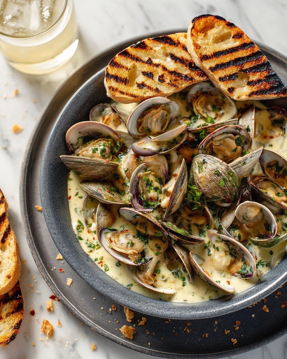A dark gray bowl is filled with two layers of clams, some shells open to show light meat inside, sitting in a creamy white sauce with green herbs sprinkled on top. Around the clams are pieces of toasted white bread with grill marks, placed on the edge of the bowl and on a larger dark gray plate underneath. The background is a white marbled surface, with a glass of light-colored drink nearby. Some small crumbs are scattered on the plate and surface. Photo taken with an iphone --ar 4:5 --v 7