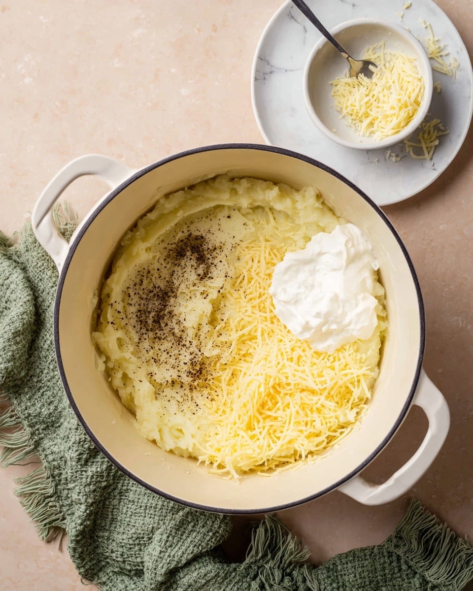 Inside a white pot with two handles, there are mashed potatoes covering the bottom and left side, finely shredded pale yellow cheese on the right and bottom parts, black pepper sprinkled near the center, and a dollop of white creamy sour cream placed on top of the cheese near the middle right. Next to the pot, on a white marbled surface, there is a small white bowl with a spoon holding some white creamy substance, a white plate with some shredded cheese remnants, and a green textured cloth with fringes partly folded near the pot. The background is a soft beige color. photo taken with an iphone --ar 4:5 --v 7