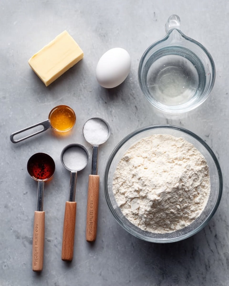 The image shows baking ingredients arranged neatly on a white marbled surface. There is a large glass bowl filled with white flour on the right. To its left, there is a small block of butter, a clear measuring cup with water, and three measuring spoons with wooden handles containing honey with black specks, white sugar, and yeast. Above the spoons, there is a single white egg. The items are laid out in an orderly way showing all ingredients clearly. Photo taken with an iphone --ar 4:5 --v 7