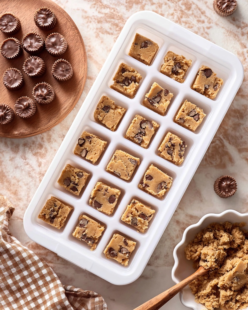 Peanut Butter Cookie Dough S'mores Bites Recipe 5 A white ice cube tray filled with twenty square portions of light brown cookie dough mixed with small, dark chocolate chunks, each compartment evenly packed with the dough showing a crumbly texture. To the left, a wooden round board holds halved and whole chocolate peanut butter cups. Around the tray on a white marbled surface, there's a soft brown and white checkered cloth, a white bowl with scalloped edges containing more cookie dough, and a wooden spoon resting inside. Photo taken with an iphone --ar 4:5 --v 7