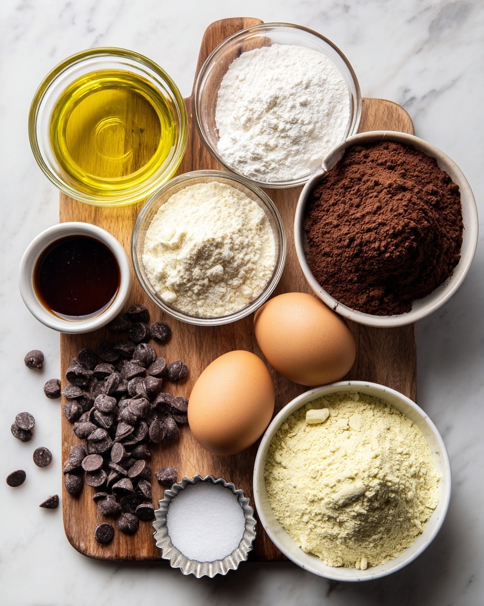 A wooden cutting board placed on a white marbled surface holds several ingredients in clear and white containers. At the top left, a clear bowl contains light yellow avocado oil, while next to it a white bowl is filled with fine white granulated sugar. To the right, a white bowl holds dark brown cocoa powder. Two brown eggs are placed side by side on the cutting board towards the right. Below the eggs, a clear bowl is filled with light beige protein powder with a dry, fluffy texture. Next to it, a small clear bowl holds white baking powder. Scattered near the bottom left are some chocolate chips around a clear bowl filled with dark chocolate chips. In front of the baking powder is a small white bowl with dark brown vanilla extract, and next to that is a small silver fluted dish with white salt. At the bottom right, a clear bowl contains pale yellow almond flour with a grainy texture. The scene is neatly arranged with all ingredients visible and labeled. Photo taken with an iphone --ar 4:5 --v 7