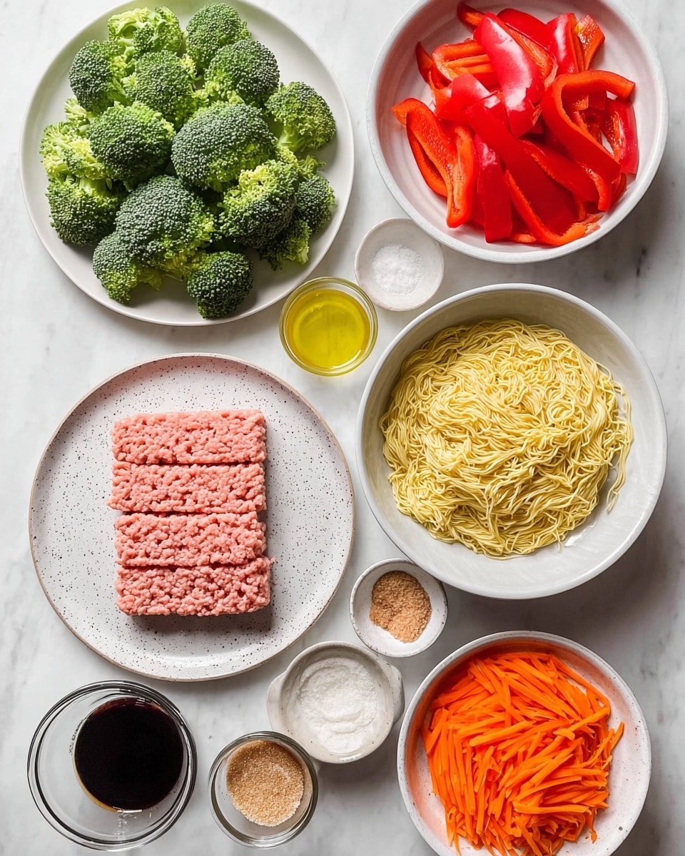 The image shows many ingredients placed neatly on a white marbled surface. There are two white plates, one with green broccoli florets on the top left and another with bright red sliced bell peppers on the top right. In the center right, a white bowl holds light yellow cooked noodles. Below the broccoli, a white speckled plate contains ground pink meat arranged in a rectangular shape with three thin lines on top. To the bottom right, a white bowl is filled with thin orange carrot strips. Scattered around these main items are small bowls with brown sugar, light yellow minced garlic, white powder, salt, golden oil, a clear liquid, and a dark sauce in a small glass container. All look fresh and ready to be cooked together photo taken with an iphone --ar 4:5 --v 7