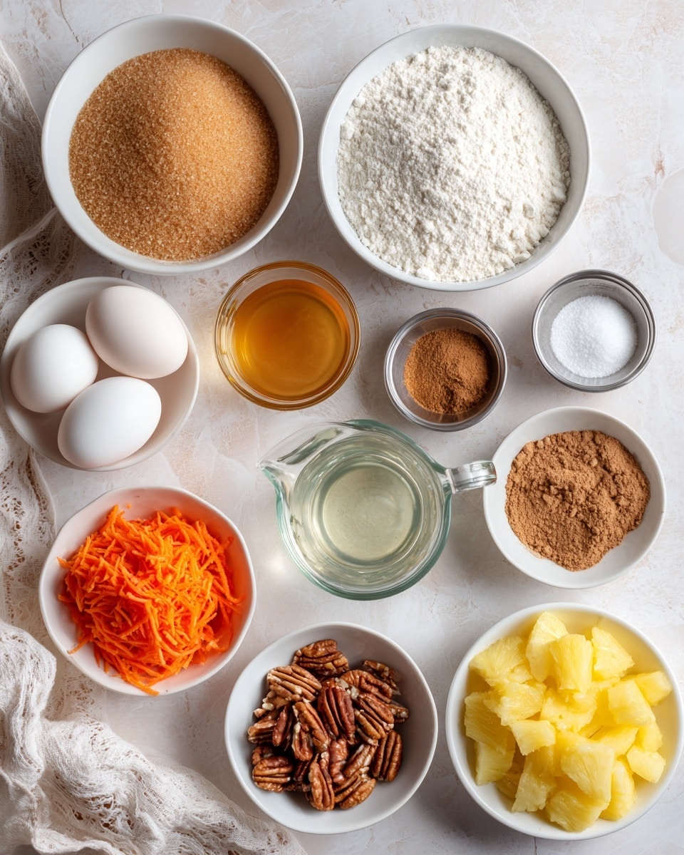 The image shows 13 white bowls and small metal cups with different ingredients arranged on a white marbled surface. Starting from the top left, there is a large bowl filled with light brown sugar, below it a large bowl with white flour, and beside it a large bowl filled with white granulated sugar. Toward the right, there are four small metal cups, containing brown cinnamon powder, ground nutmeg, white baking powder, and white salt. Below these, there is one more small metal cup with white baking soda. Centered is a clear glass measuring cup with a transparent golden liquid, surrounded by four whole white eggs. On the bottom left, a white bowl holds bright orange shredded carrots, and to the right, another white bowl contains chopped yellow crushed pineapple. Finally, at the bottom center, a white bowl has chopped pecans. A corner of a white towel with a light brown pattern appears on the bottom left edge. Photo taken with an iphone --ar 4:5 --v 7