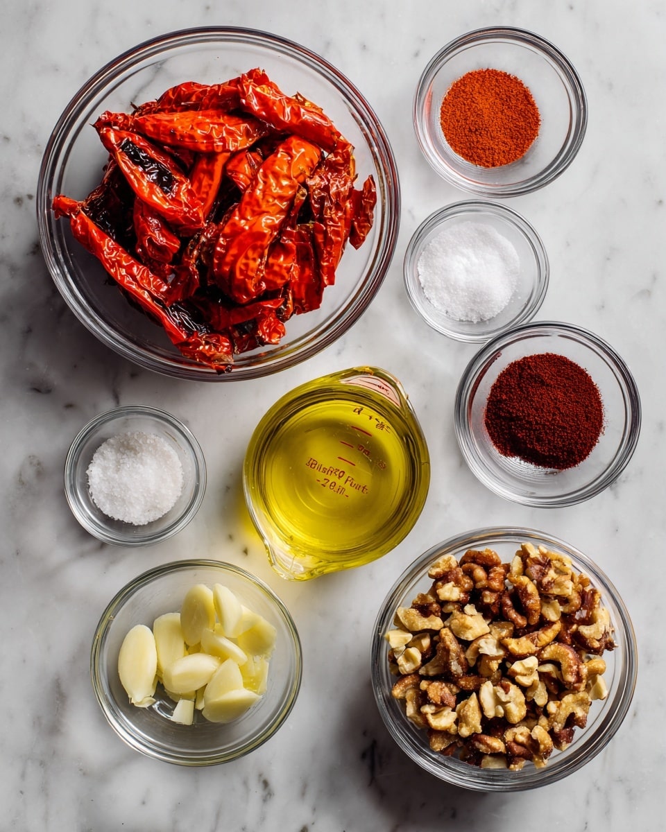The image shows seven clear glass bowls with different ingredients arranged on a white marbled surface. The largest bowl at the top left contains bright red roasted peppers with dark char marks. Next to it on the right are smaller bowls with white salt, deep red liquid, and dark red powder. Below and centered is a measuring cup with a golden yellow oil. To the left of the oil is a small bowl of white flaky salt, and to the right is a larger bowl filled with chopped nuts in light and dark brown shades. At the bottom center, a small bowl holds pale yellow garlic slices. The setup presents an organized and colorful mix of ingredients. photo taken with an iphone --ar 4:5 --v 7