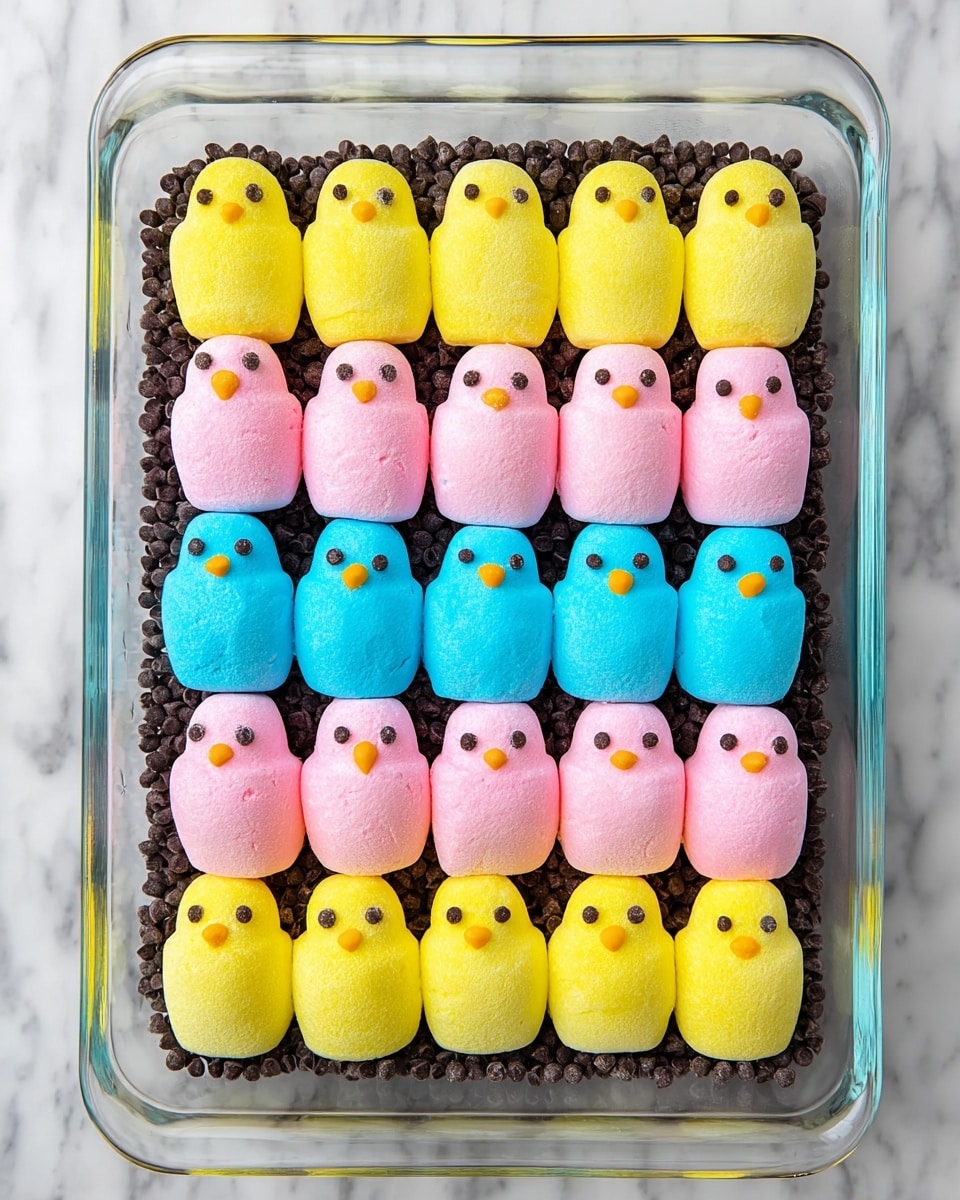 The image shows a clear glass rectangular container filled with three layers. The bottom layer is small dark brown chocolate chips spread evenly across the container. On top of this is a second layer of colorful marshmallow chicks arranged in neat rows, with a total of 15 chicks. The marshmallow chicks come in three bright colors: yellow, pink, and blue. They have a soft, fluffy sugar coating texture and small brown eyes. The chicks are positioned upright, closely packed, and evenly spaced in a grid pattern against the chocolate chip base. The surface under the container is a white marbled texture. Photo taken with an iphone --ar 4:5 --v 7