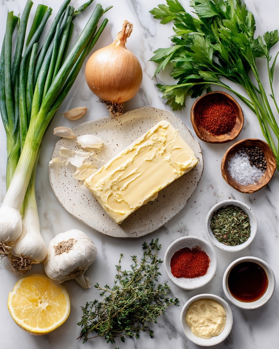 The image shows a flat lay of fresh and dry ingredients arranged on a white marbled surface. On the left, there are green onions with long white roots, fresh cilantro with bright green leaves, and a bulb of garlic next to them. Near the center, a rectangular block of yellow butter sits on a white plate with small brown speckles. Above the butter, a shallot with light brown skin and a small bunch of thyme with fresh green leaves lay side by side. Scattered around in small white bowls are spices and condiments: black pepper in a wooden bowl, red cayenne powder, smoky paprika, and red pepper flakes, which are all rich shades of orange and red. A lemon with bright yellow skin is positioned near the middle right. Small bowls hold coarse salt, Dijon mustard with a creamy yellow texture, and dark brown Worcestershire sauce. Finally, fresh parsley with dark green, jagged leaves is placed at the bottom right, adding a vibrant touch of green color. Photo taken with an iphone --ar 4:5 --v 7